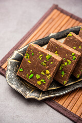 chocolate barfi or choco burfi cake, a tweak to indian dessert or sweet for festivals