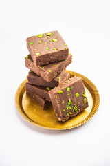 chocolate barfi or choco burfi cake, a tweak to indian dessert or sweet for festivals