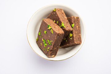 chocolate barfi or choco burfi cake, a tweak to indian dessert or sweet for festivals