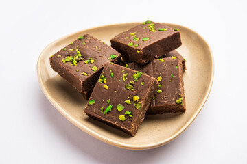 chocolate barfi or choco burfi cake, a tweak to indian dessert or sweet for festivals