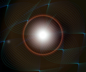 Abstract techno design with spiral curves. Blue line and center light on black background.