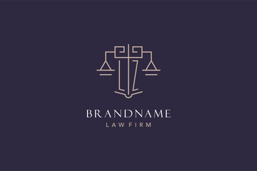 Initial letter LZ logo with scale of justice logo design, luxury legal logo geometric style - obrazy, fototapety, plakaty