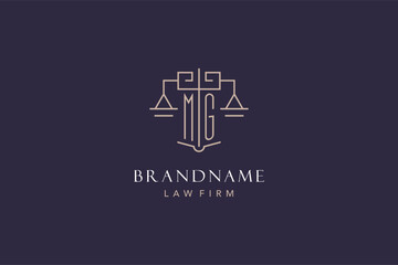 Initial letter MG logo with scale of justice logo design, luxury legal logo geometric style - obrazy, fototapety, plakaty
