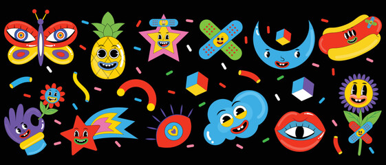 Funny cartoon characters in trendy retro style. Butterfly, pineapple, star, hand, flower, moon, hotdog, lip, eye, cloud, patch, rainbow, abstract faces etc.