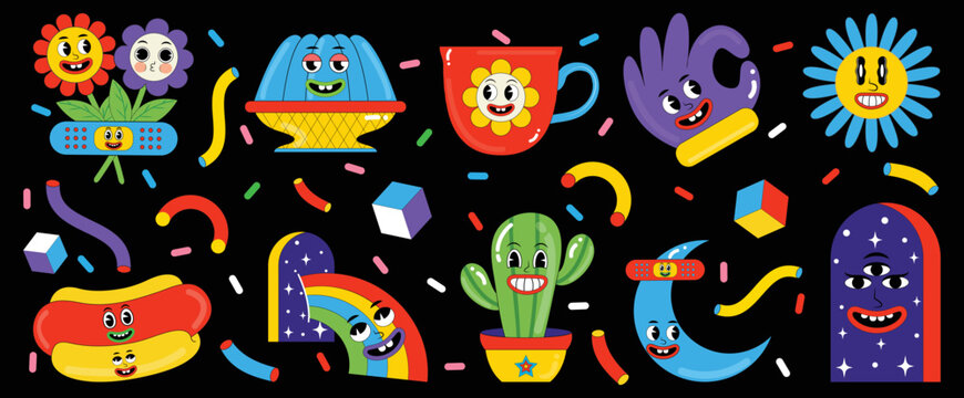 Funny cartoon sticker pack. Trendy retro elements vector illustration set. Flower, pudding, cup, daisy, hand, hotdog, rainbow, cactus, moon, night, abstract faces etc.
