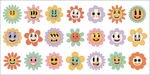 Groovy flower pack in trendy retro hippie 60s, 70s style. Cartoon trendy retro style flower set. Cute comic doodle stickers, hallucination and psychedelic sticker.	