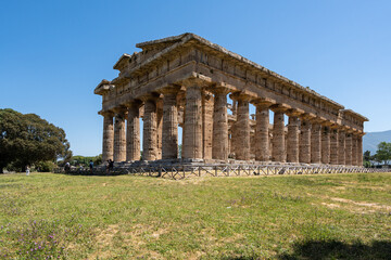 Fototapeta na wymiar The Temple of Hera at Paestum, anche example of Doric order temple dating from about 550 to 450 BC, Campania, Italy