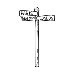 A road sign for the city. Hand-drawn doodle-style element. Tourism. Paris, London, New York. Signpost which way is the city. Vector simple image on white background.