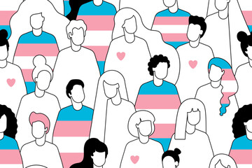 transgender crowd of people seamless pattern. International Transgender Day,31 March. Different people marching on the pride parade. Human rights. transgender person. transgender pride flag.  - obrazy, fototapety, plakaty