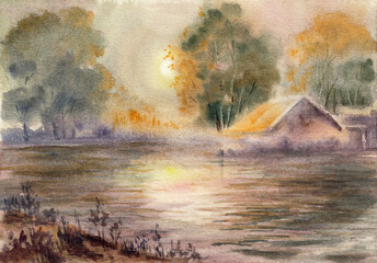 Primitive landscape with river,  trees group on horizon, shore, house and sunset sky. Hand drawn watercolors on paper textures. Raster bitmap image
