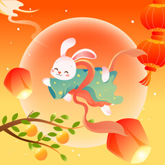 Mid-autumn festival on August 15th, traditional mythology of jade rabbit worshiping the moon, vector illustration