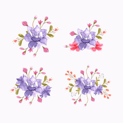 Hand drawn violet watercolor botanical flower bouquet illustration