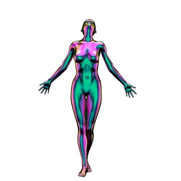 iridescent female woman mannequin futuristic figure in a freedom pose with emotions of a free human - 3d render of a futuristic female with psychedelic colors looking up