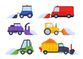 Side view of different snowplows flat vector illustrations set. Collection of flat cartoon drawings of snow plows, trucks or tractors on white background. Machinery or transport, winter concept