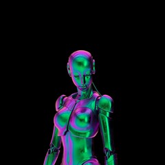 iridescent female cyborg metallic robot with psychedelic colors standing and looking down emotionally and thoughtful - 3d illustration of an artificial intelligence machine with feelings