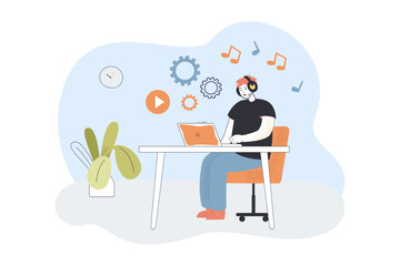 Man working on laptop and listening to music on headphones. Person sitting at desk, working from home flat vector illustration. Freelance concept for banner, website design or landing web page