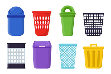 Different dustbin for office or home vector illustrations set. Collection of cartoon drawings of open and closed trash bins or wastebaskets, baskets for trash bags. Interior, garbage concept
