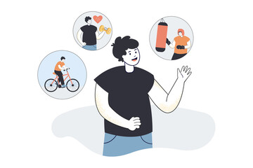 Cartoon man riding bicycle, lifting weights and boxing. Male character with bike, dumbbell and punching bag flat vector illustration. Sports, healthy lifestyle concept for banner or landing web page