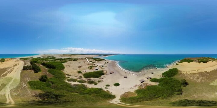 Coastline with beach and fishing boats. Paoay Sand Dunes, Ilocos Norte, Philippines. Monoscopic image, 360VR.