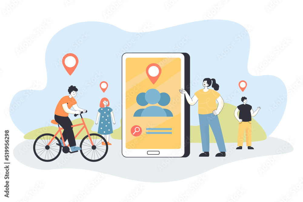 Aufkleber tiny mother using location tracking application on huge phone. children with location pins above hea