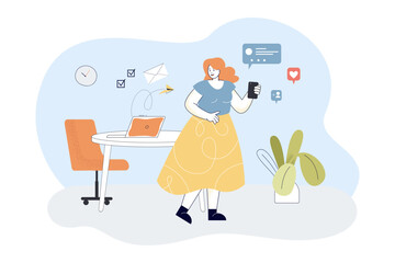 Businesswoman with smartphone getting messages in office. Happy busy manager replying to emails flat vector illustration. Communication, social media marketing or management concept for banner