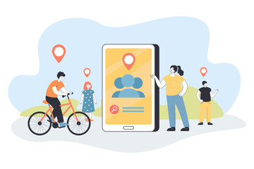 Tiny mother using location tracking application on huge phone. Children with location pins above heads flat vector illustration. Family, navigation, safety concept for banner or landing web page