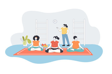 People practicing yoga with trainer flat vector illustration. Women sitting in lotus position, exercising in gym. Fitness, sport, workout concept for banner, website design or landing web page