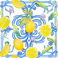 Lemons and majolica seamless pattern. Yellow citrus fruits on a branch and Sicilian ornament endless background. Traditional mediterranean summer print.	