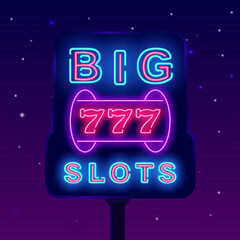 Big slots neon sign. Slot machine jackpot icon. Winner concept. Light street advertising. Vector stock illustration