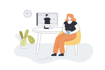 Girl watching webinar at home flat vector illustration. Woman sitting at table, drinking tea, studying online. Education, e-learning concept for banner, website design or landing web page
