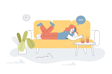 Girl lying on sofa, talking on phone and eating fast food. Girl spending weekend at home flat vector illustration. Recreation, procrastination concept for banner, website design or landing web page