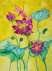 Lotus flower with dragonfly. The dabbing technique near the edges gives a soft focus effect due to the altered surface roughness of the paper.