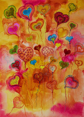 Baloon hearts flying. The dabbing technique near the edges gives a soft focus effect due to the altered surface roughness of the paper.