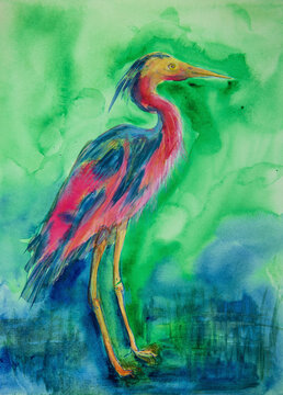 Pink and blue heron. The dabbing technique near the edges gives a soft focus effect due to the altered surface roughness of the paper.