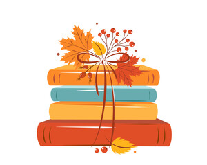 Books with autumn bright leaves on white background. Design for card or promotional poster. Vector illustration - obrazy, fototapety, plakaty