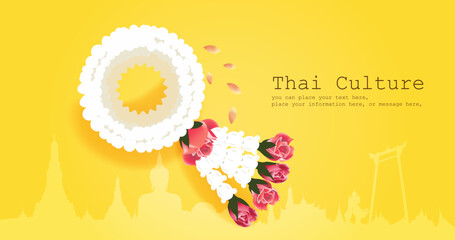 Thai jasmine garland for mother’s day or Songkran festival or religion Buddhism observation day vector on yellow background © chayanit