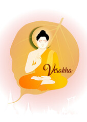 Religion big buddha sits with pho leaves vector background - Buddhism holidays culture Thailand, banner template design