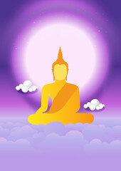 Buddha sits banner statue on purple color vector background - Buddhism holidays culture Thailand, banner template