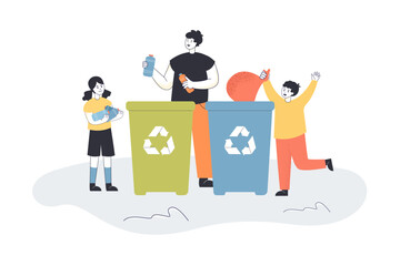Man and kids sorting trash into bins flat vector illustration. Eco activists recycling garbage, taking care of planet. Ecology, education concept for banner, website design or landing web page © Bro Vector