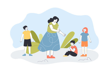 Fototapeta premium Woman dealing with quarrel of children flat vector illustration. Boys and girl arguing and crying. Conflict, fight concept for banner, website design or landing web page