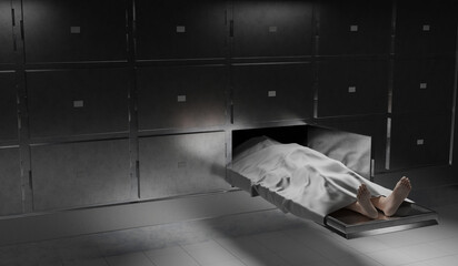 concept of pass away. mortuary room with corpse body and white fabric in black morgue room background. 3d illustration - obrazy, fototapety, plakaty