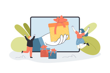 Huge hand with gift box on tablet screen. Happy people receiving birthday presents online flat vector illustration. Online shopping, surprise concept for banner, website design or landing web page