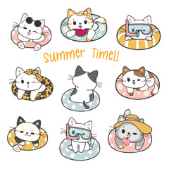 cute funny kitten cat in swimming ring summer time, cartoon doodle animal vector hand drawing