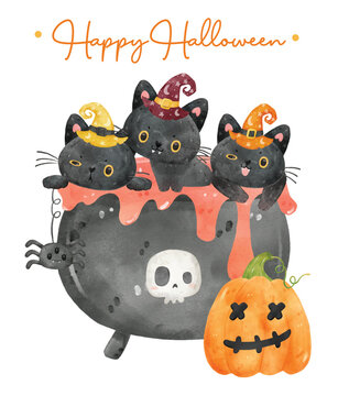 cute watercolor animal 3 baby black kitten cats on poison witch cauldron pot, Happy Halloween, cartoon animal pet hand painting vector illustration