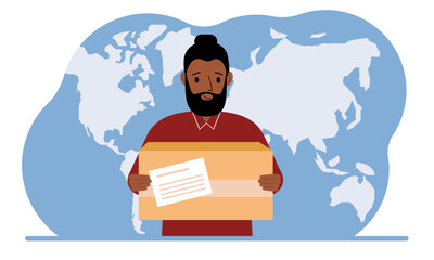 Male courier in uniform holding a box. The concept of delivering parcels around the world.