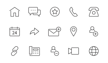 Contact, address line icon set. Mail, telephone adress, message symbol for website button. Editable stroke thin line design icon set. Vector illustration.