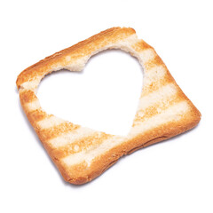 Toasted bread with grill marks and heart shaped hole isolated on white background