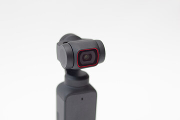 Action Camera video gimbal stabilizator on white background