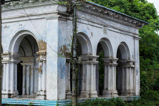 A very white old traditional Jamindar temple house or thakur dalan near Kolkata.
