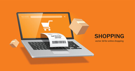 Receipt paper with special offer text flows from laptop computer with shopping cart icon on screen and there are cardboard boxes or parcels floating around,vector 3d for delivery and online shopping © John k studio